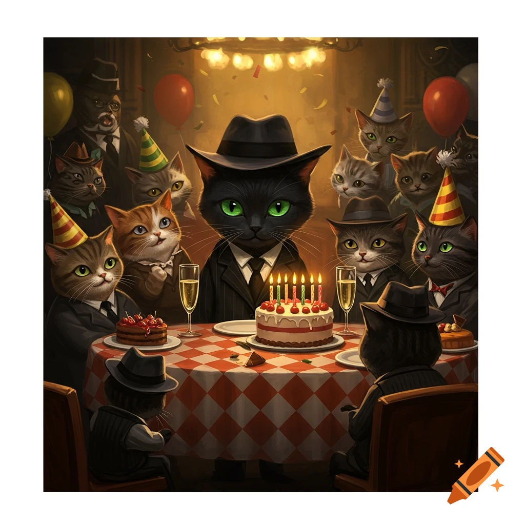 Anthropomorphic cats in suits at a mafia-themed birthday party with cake and drinks.