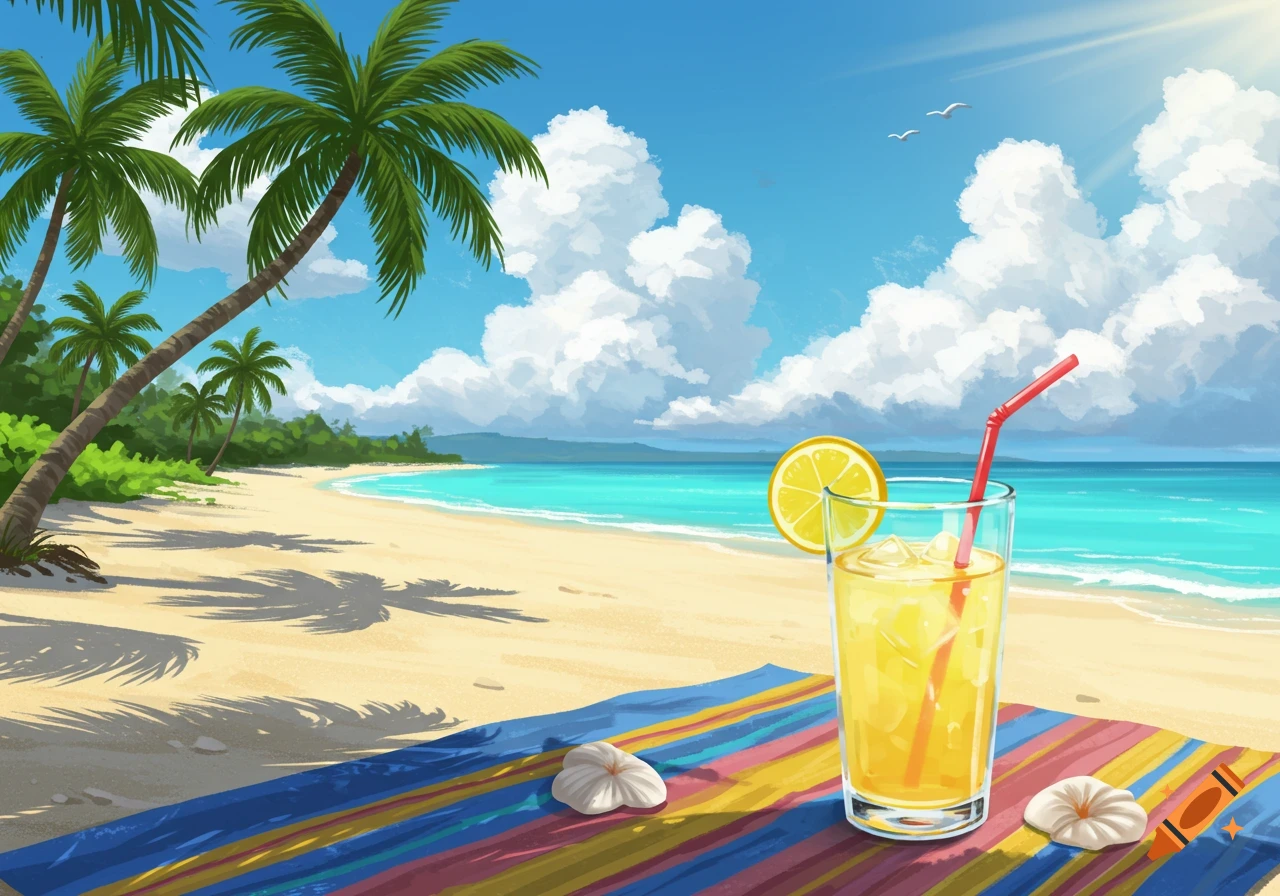 A glass of lemonade on a colorful towel on a beach with palm trees and the ocean.