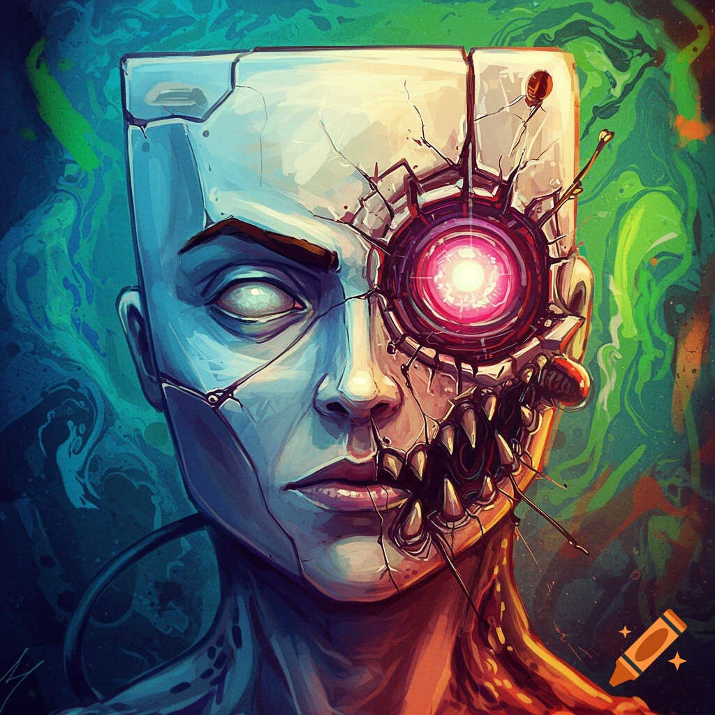 Stylized portrait of a cyborg with a destroyed face, mechanical parts, and glowing red eye.
