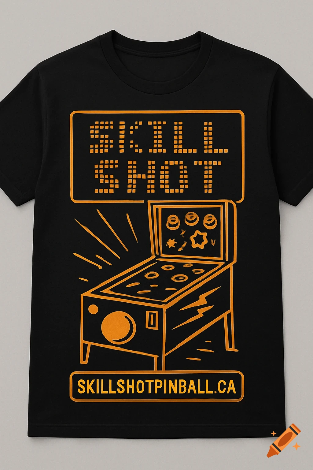 Black t-shirt with orange graphic design of a pinball machine and 'SKILL SHOT', 'SKILLSHOTPINBALL.CA' text.