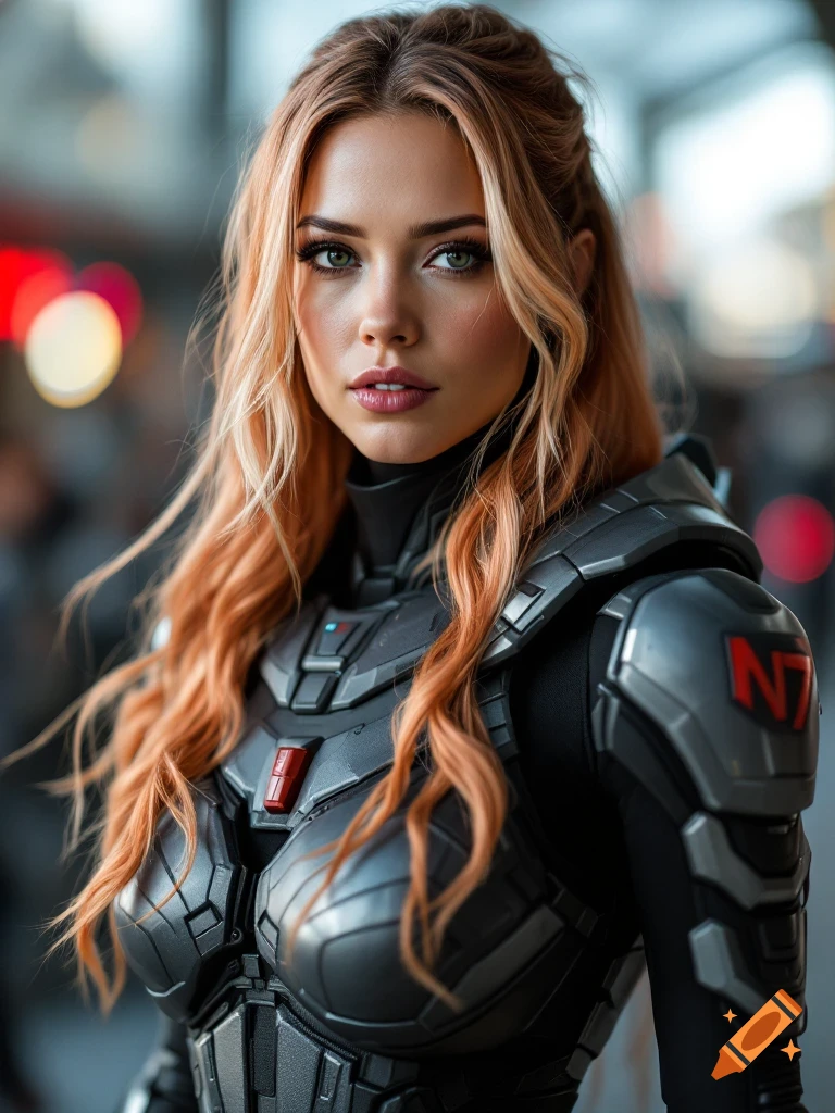 Woman with strawberry blonde hair in N7 Mass Effect armor, cosplaying as Commander Shepard.