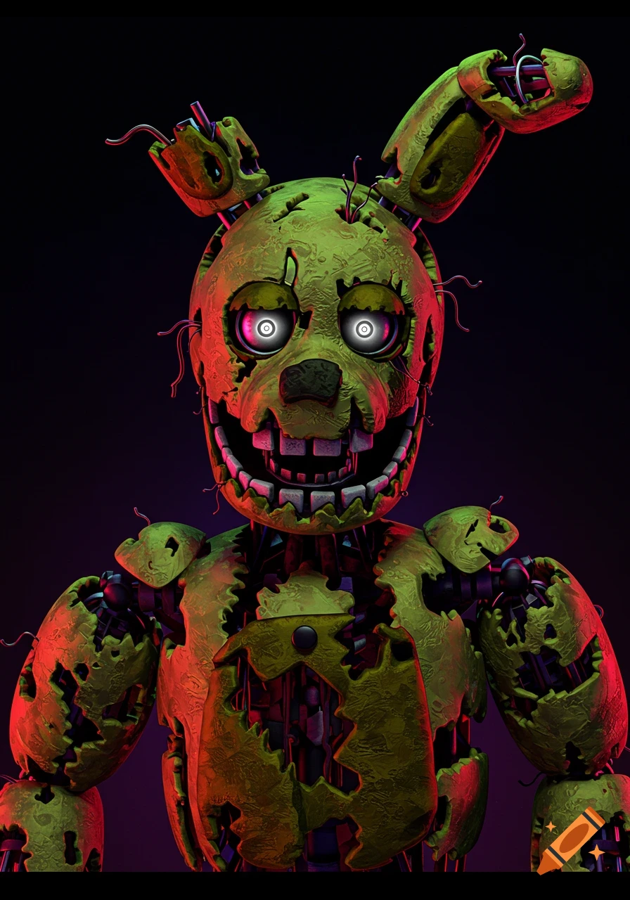 A creepy, damaged green animatronic character with glowing eyes and sharp teeth, set against a dark background with purple lighting.