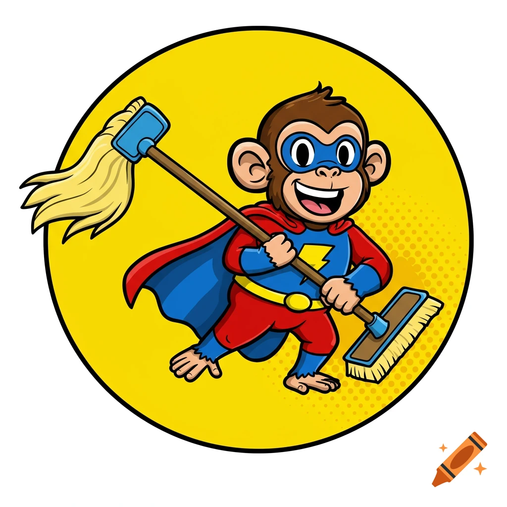 Cartoon monkey dressed as a superhero holding a mop and broom in a yellow circle.