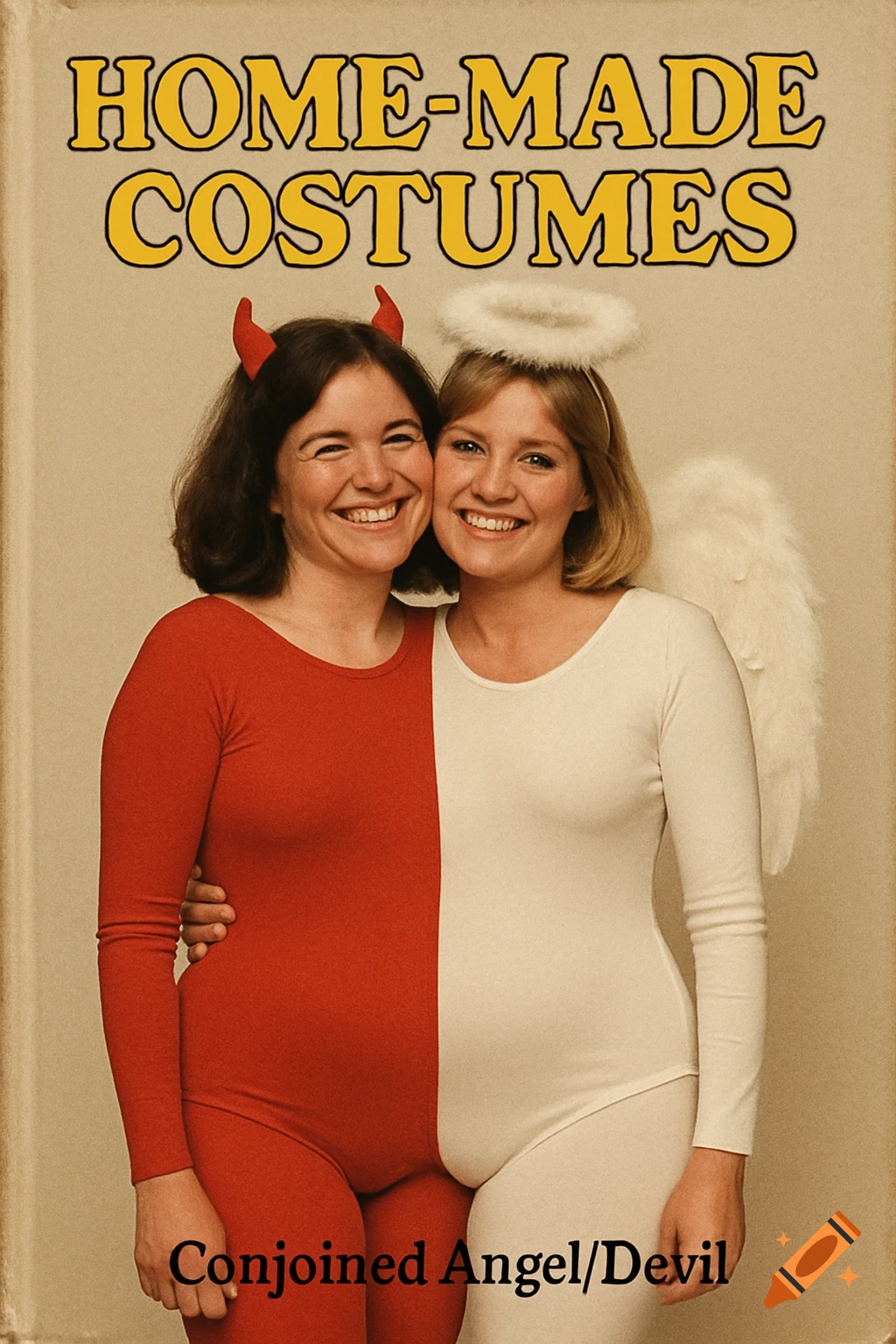 Vintage book cover for HOME-MADE COSTUMES featuring two women in a conjoined angel/devil costume.