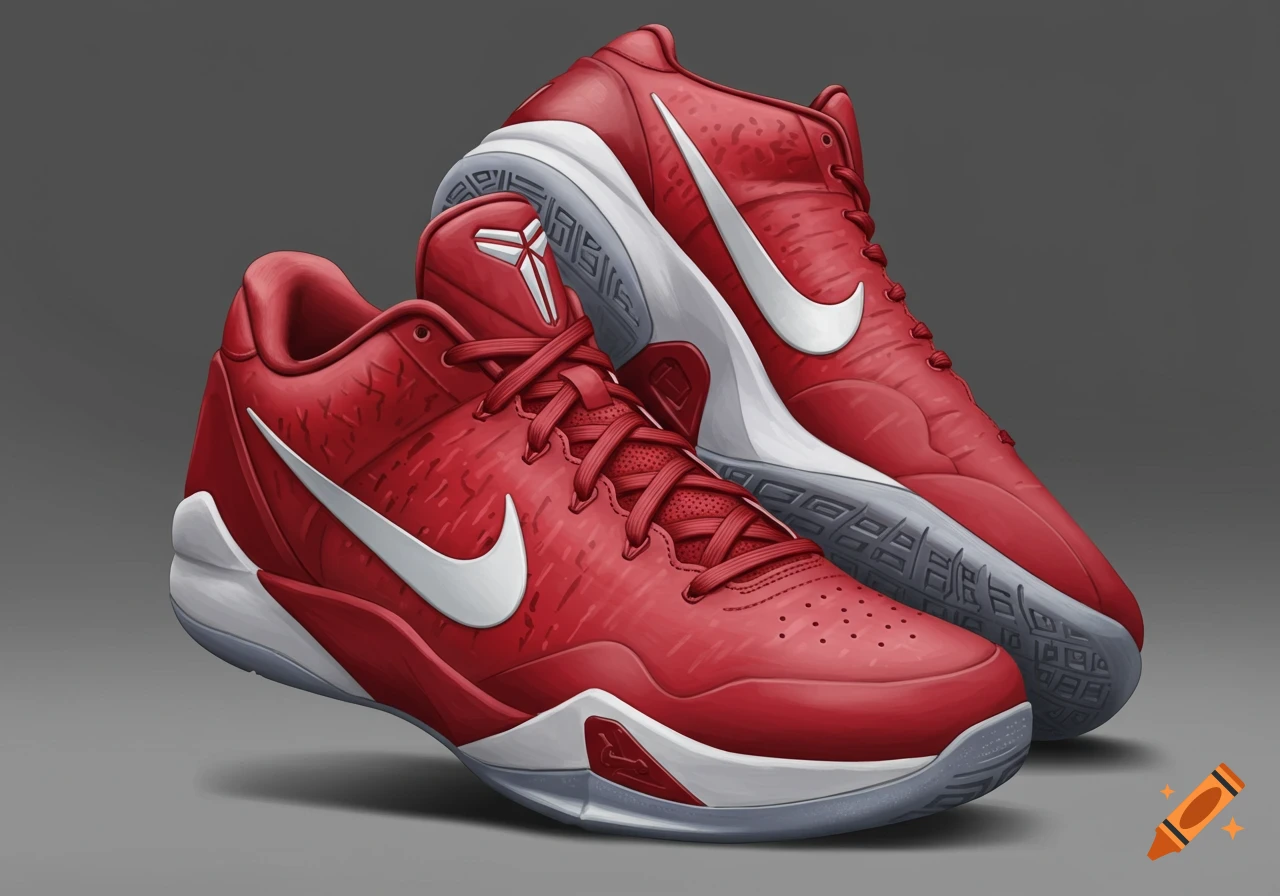 Detailed illustration of red basketball shoes with white trim and logos.