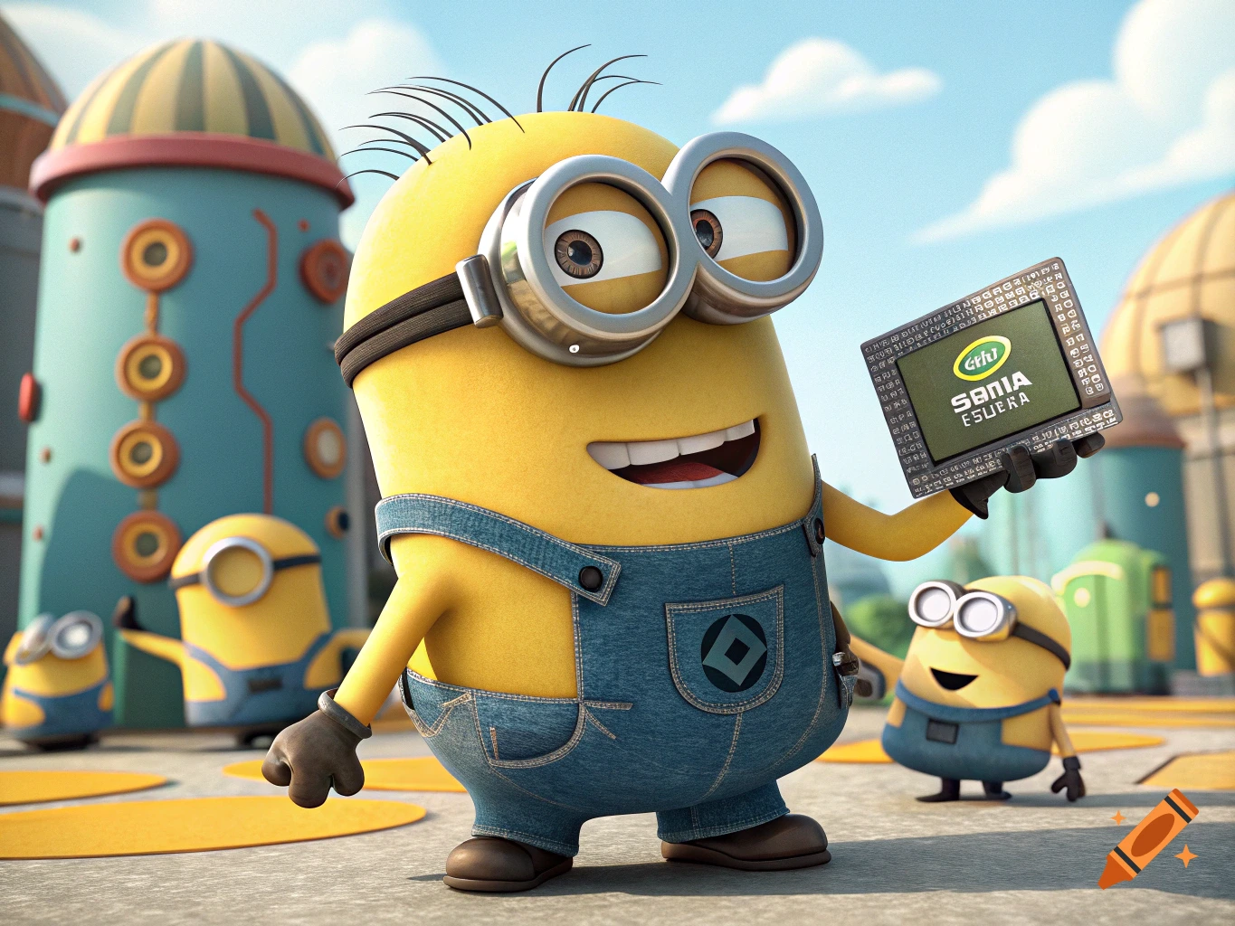 A Minion holding up a microchip in a colorful animated scene.