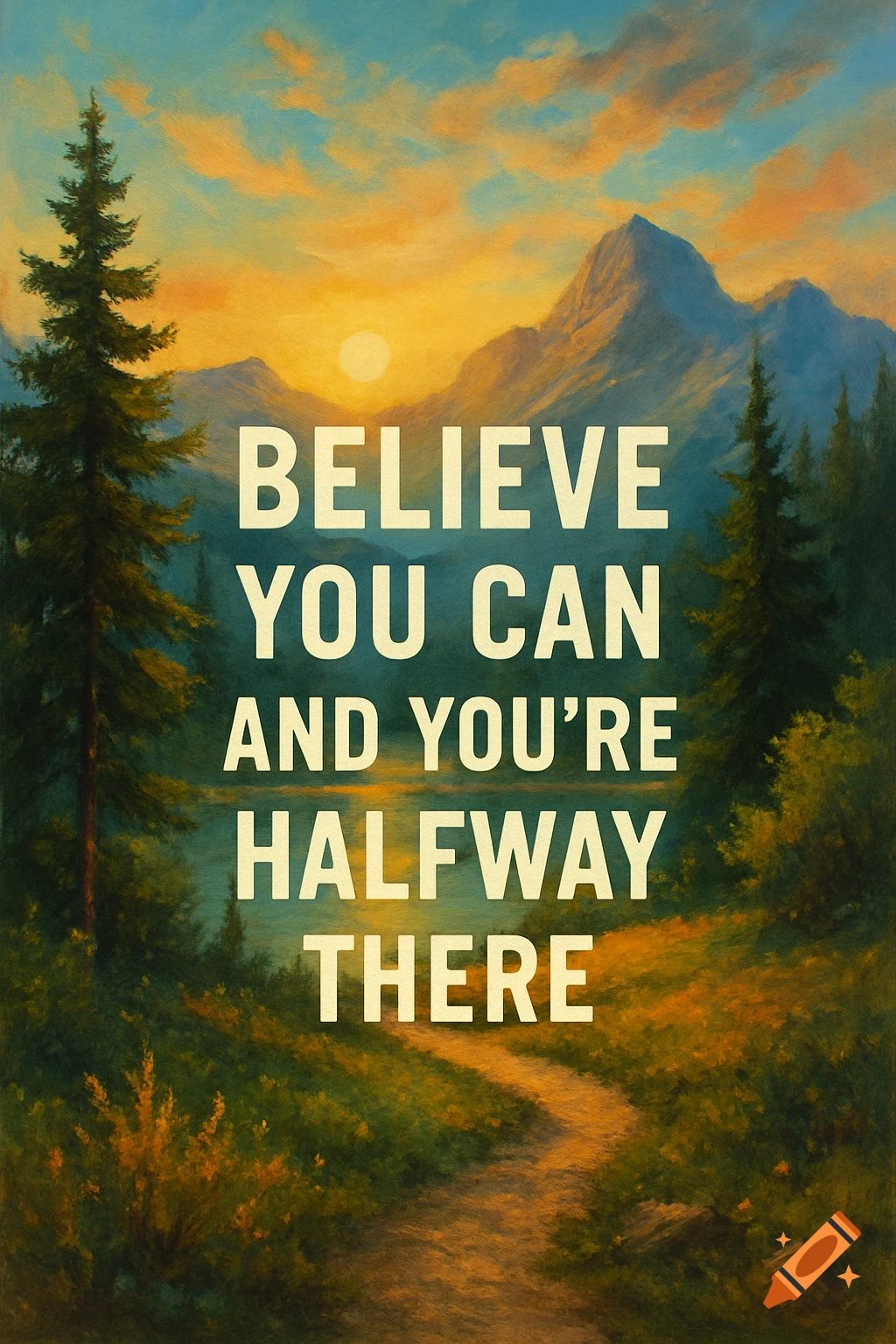 A painted landscape with mountains, lake, trees, and a path at sunset, with the text "BELIEVE YOU CAN AND YOU'RE HALFWAY THERE".