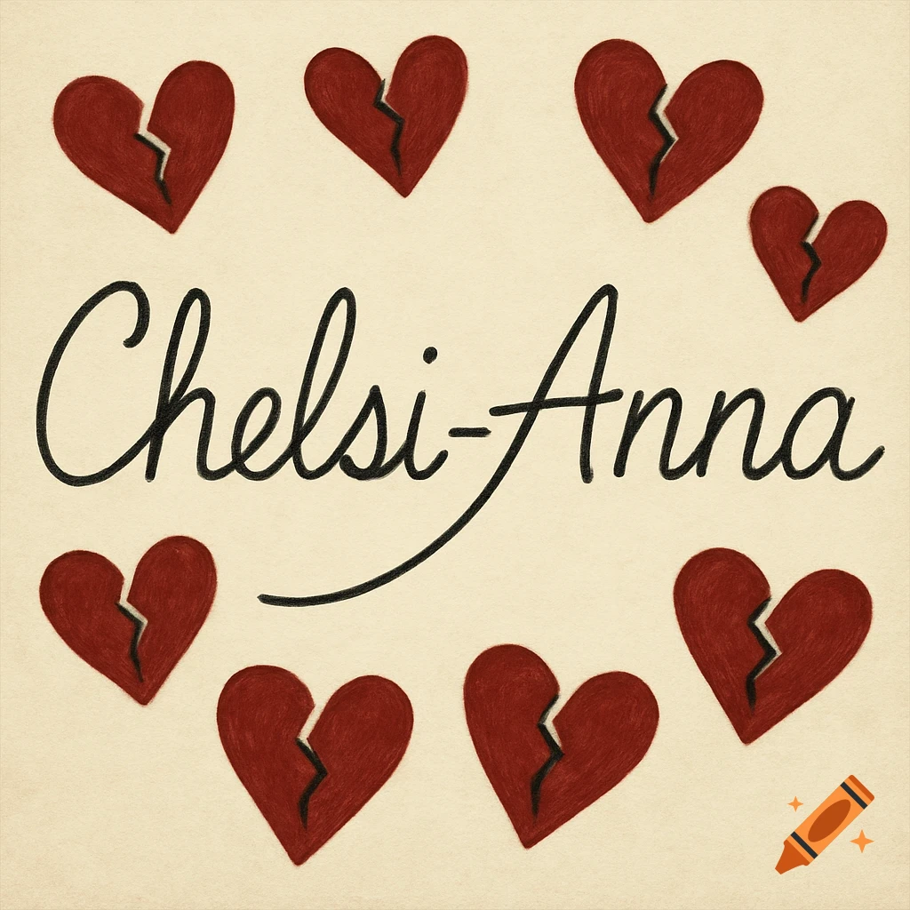 The name Chelsi-Anna written in script font surrounded by broken red hearts.
