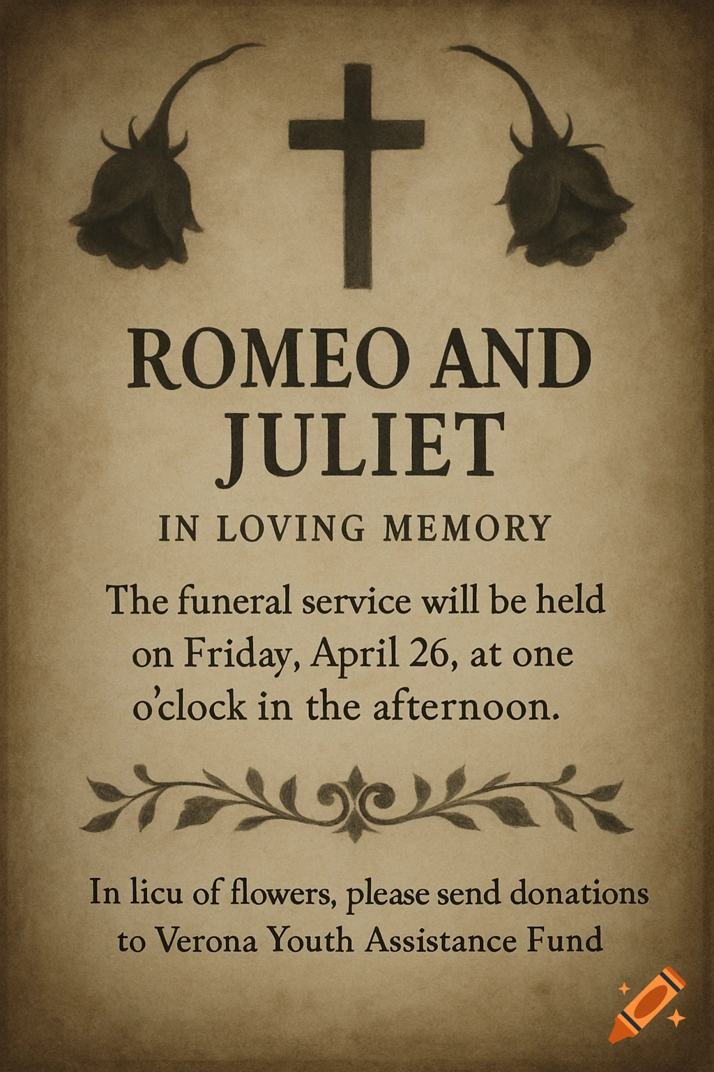 Old-fashioned funeral announcement poster for Romeo and Juliet, featuring a cross and roses on aged paper.
