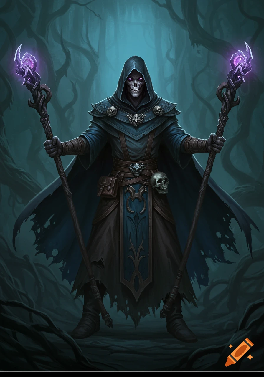 Fantasy illustration of a skeletal figure in a dark hood and robes holding two glowing staves in a forest.