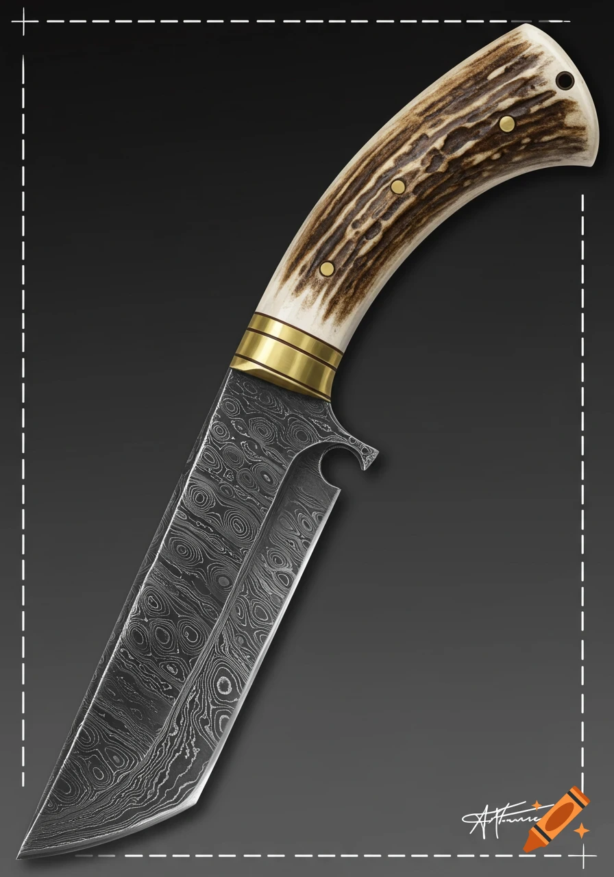 Close-up of a hybrid bushcraft seax knife with a layered damascus blade and antler handle.