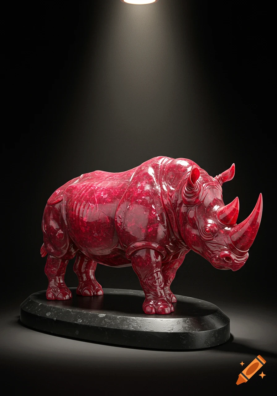 A red ruby rhinoceros sculpture stands on a black base under a spotlight.