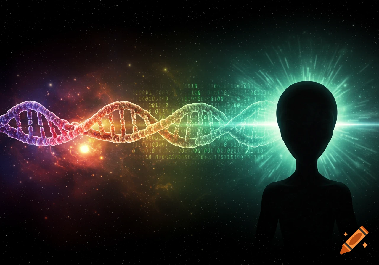 DNA helix transforms into binary code and an alien silhouette in space.