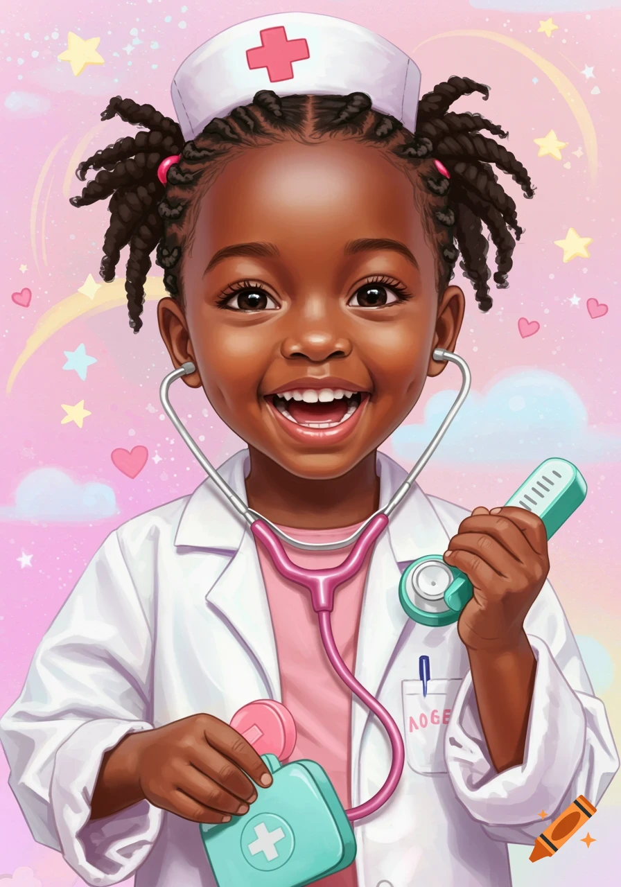 A young Black girl smiling, wearing a doctor's coat and stethoscope, holding toy medical instruments. Stylized illustration.