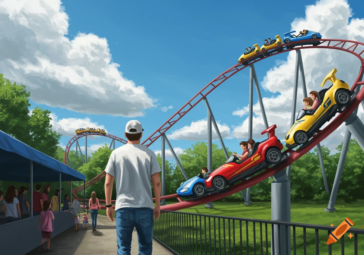 Stylized illustration of people riding a race car themed rollercoaster, viewed from a low perspective