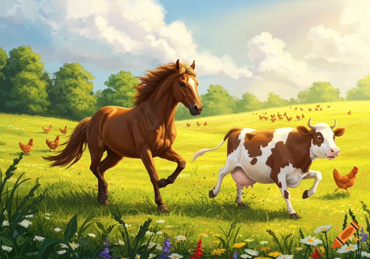 A horse and a cow run through a sunny field filled with chickens.