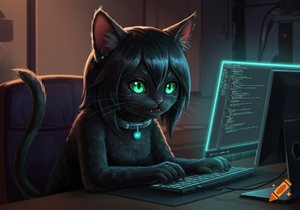 Anime-style black cat character with green eyes typing on a computer showing code in a dark room.