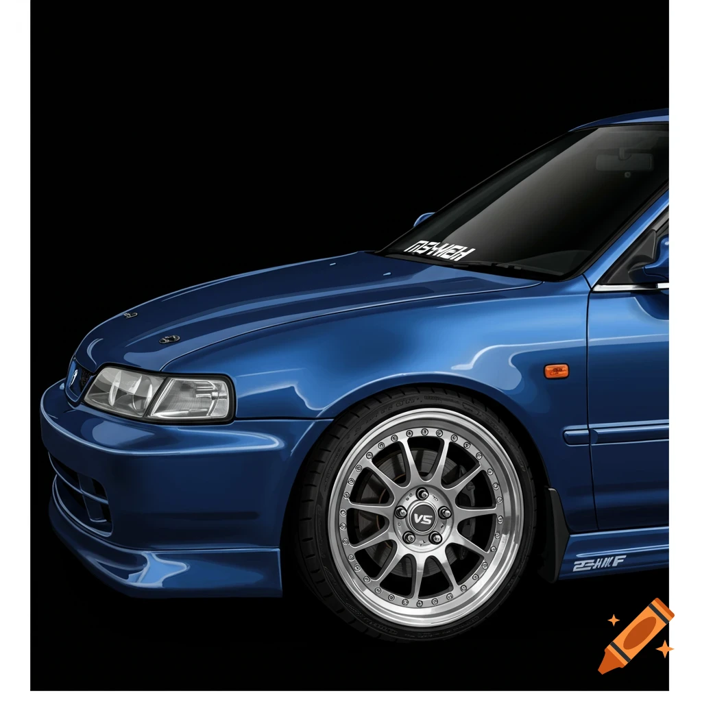 Close-up of a blue modified Acura Integra DC2 car on a black background.