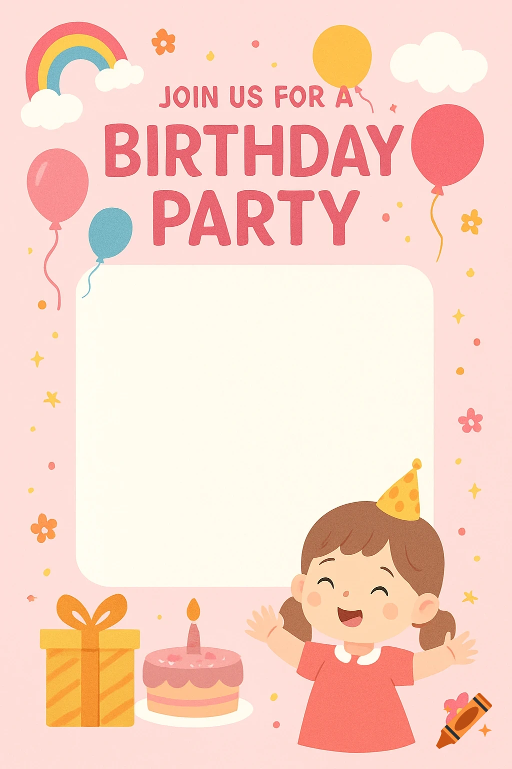 Cute illustration of a pink birthday invitation with a girl, balloons, cake, gift, rainbow, and space to write.
