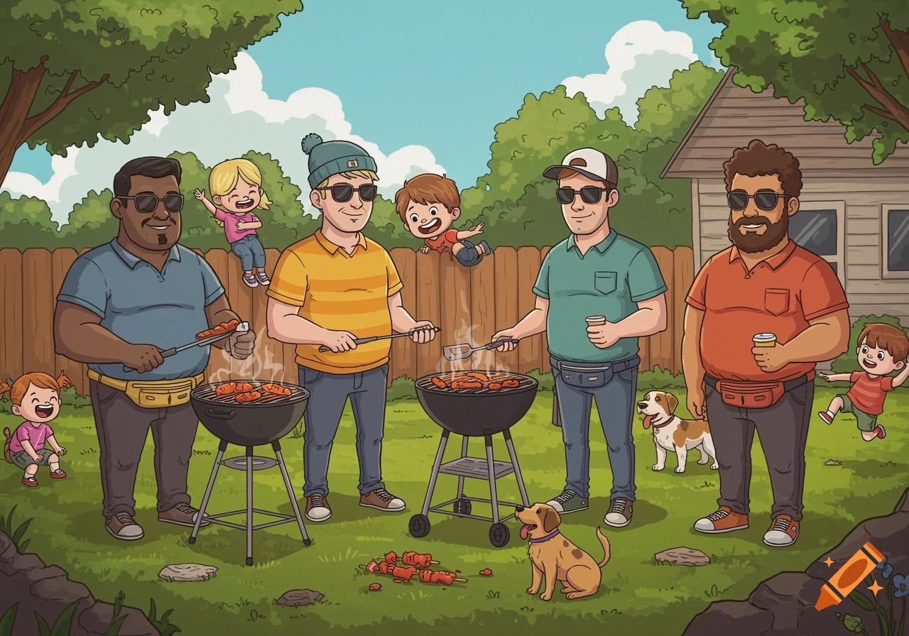 Cartoon illustration of four dads grilling in a backyard with kids and dogs playing.