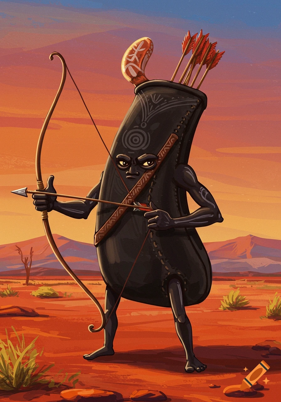 Stylized illustration of a quiver character holding a bow and arrow in a desert at sunset.