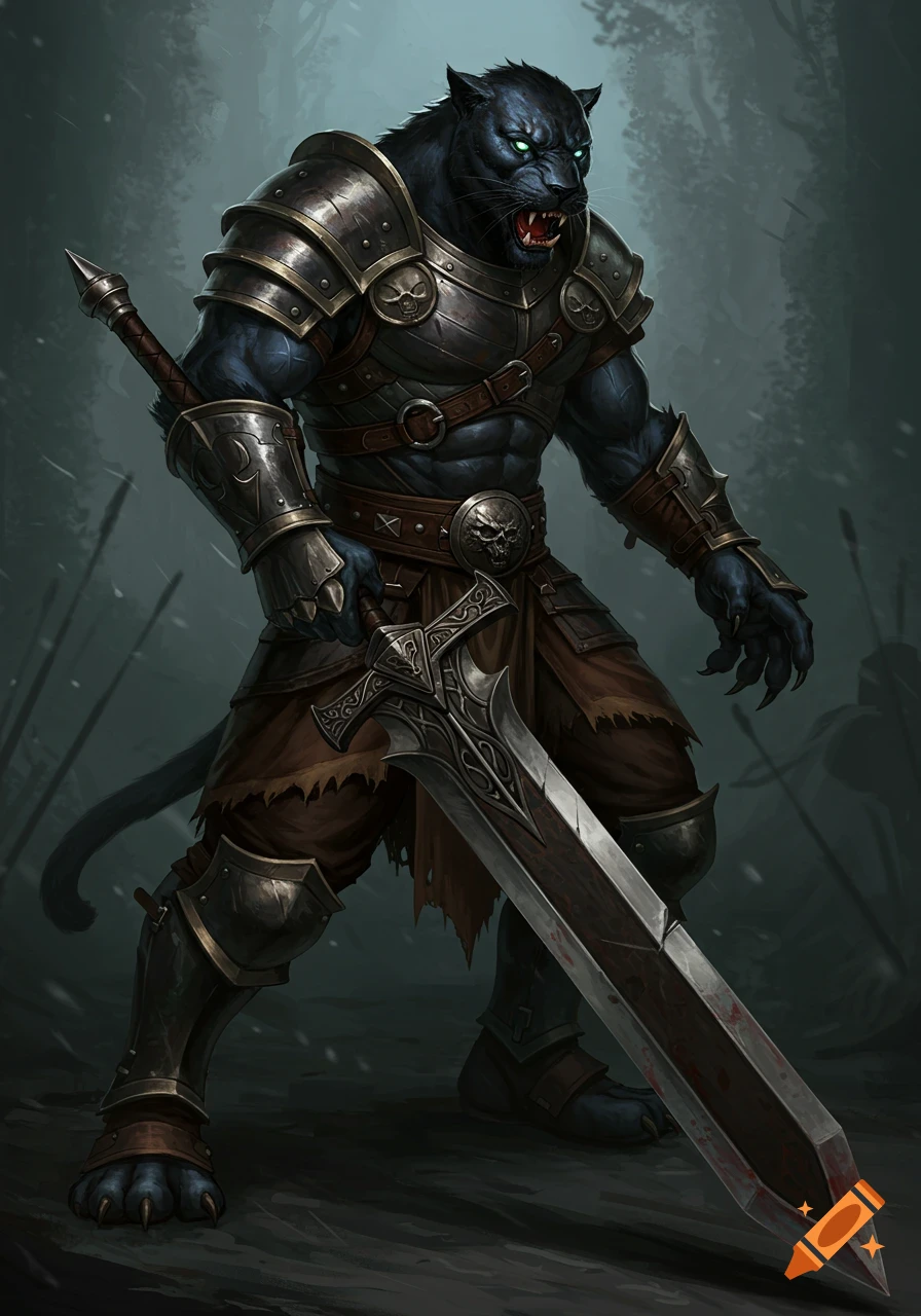 Fantasy illustration of a were-panther soldier in armor holding a greatsword.