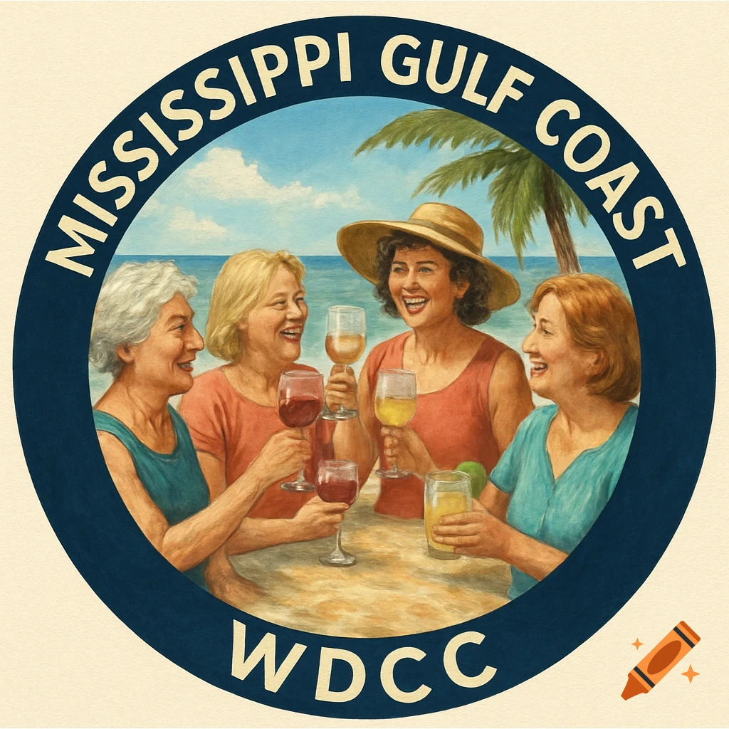 Illustration of four women drinking on a beach inside a round border with text.