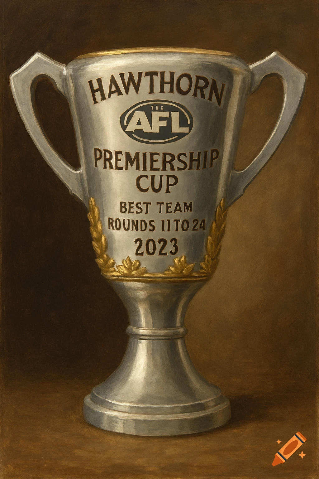 Painting of a silver and gold Hawthorn AFL Premiership Cup trophy