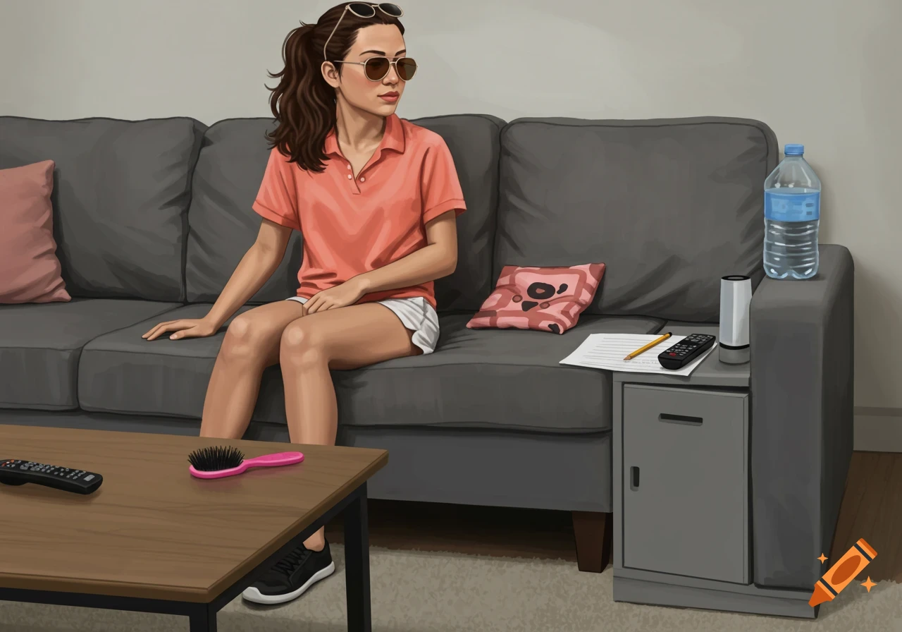 A woman with sunglasses sits on a couch in a room with a table and cabinet.
