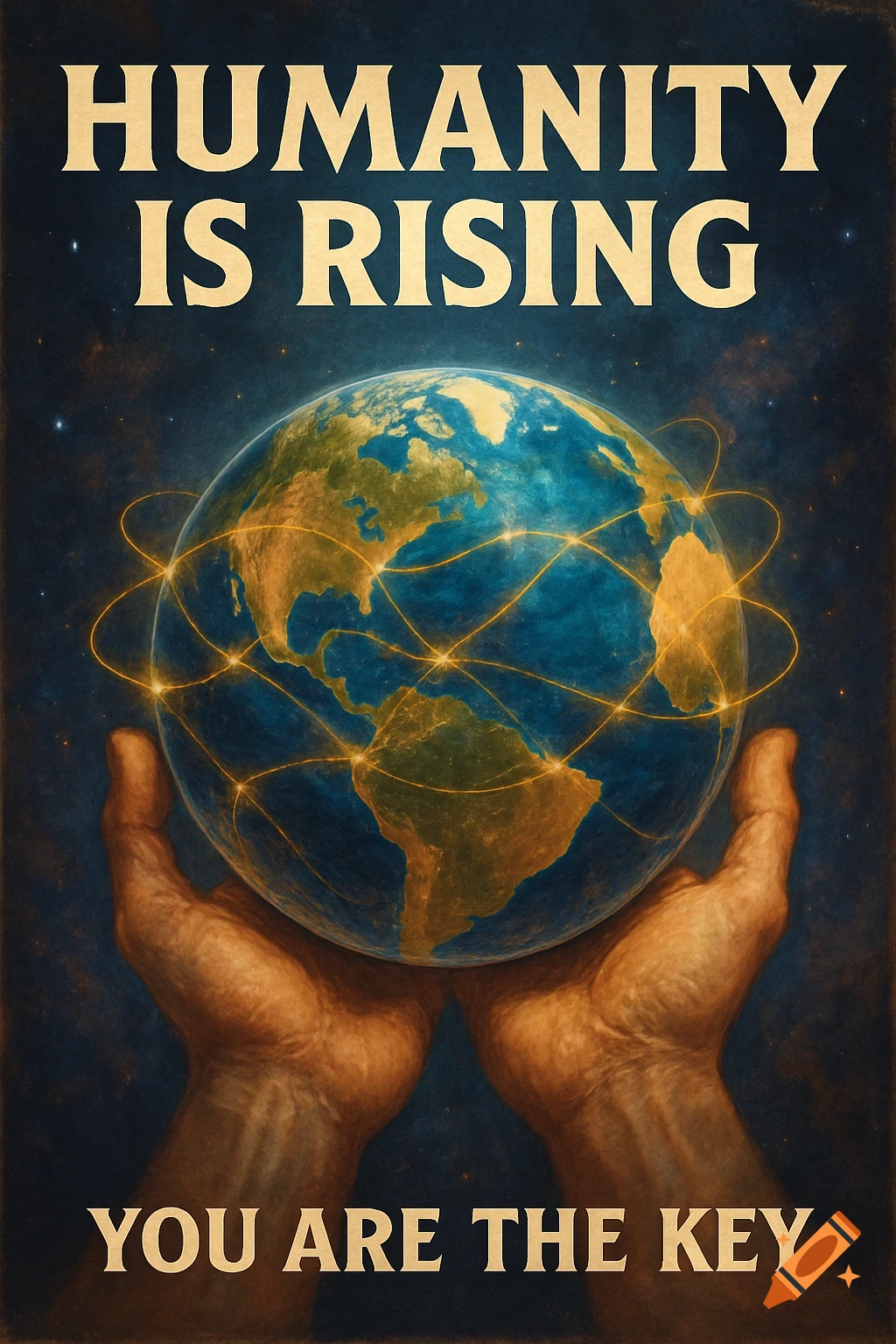 Hands hold the Earth with glowing connections; text reads 'Humanity Is Rising' and 'You Are the Key' in a poster style.