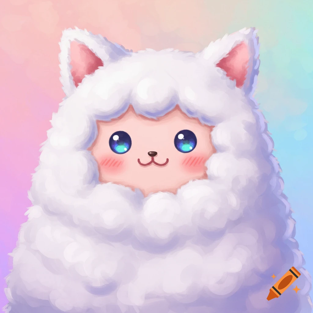A cute fluffy white creature with large blue eyes and cat ears against a pastel background.