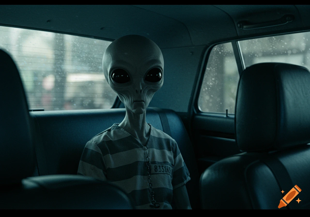 Grey alien in striped jail suit in the back of a patrol car.