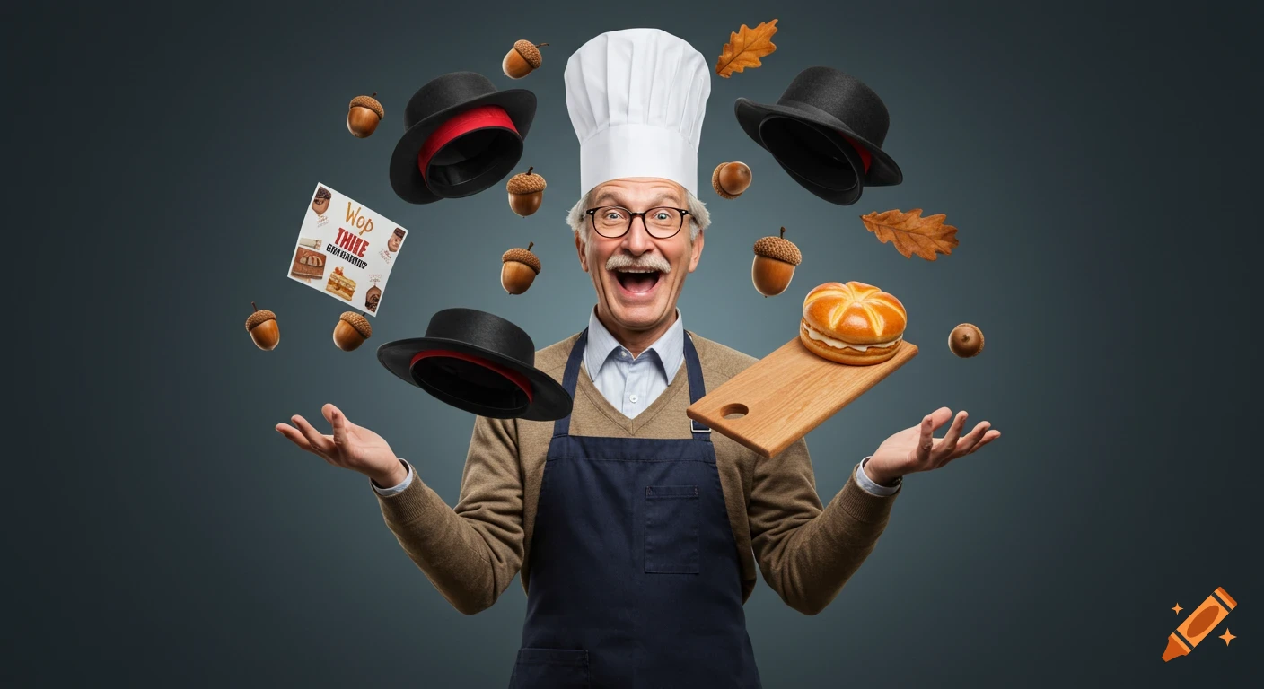 An excited elderly man in a chef hat and apron juggles hats, acorns, a bun on a board, and a card.