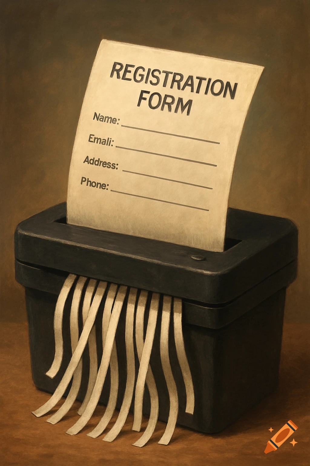 Registration form being fed into a paper shredder. Digital painting.