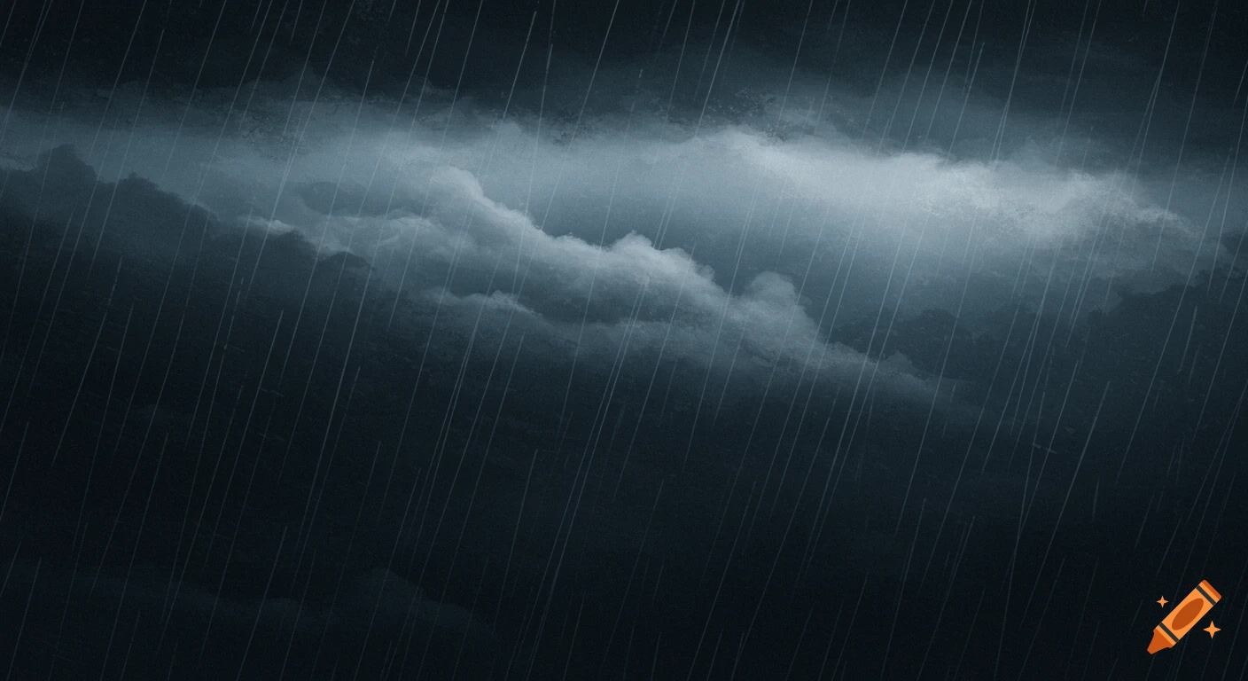 Heavy rain falls from dark storm clouds.