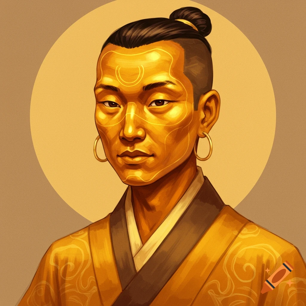 Illustrative portrait of an Asian person with gold face markings, wearing traditional gold clothing, against a gold circle background.