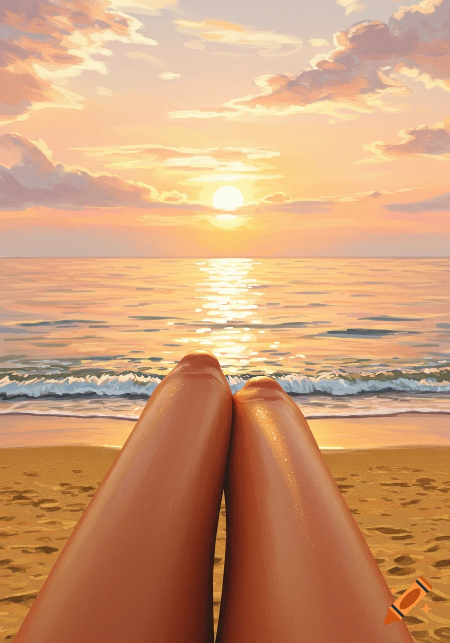 Smooth bare legs on a beach at sunset looking towards the ocean in a stylized view.