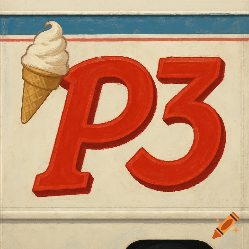 A red 'P3' logo with an ice cream cone attached.