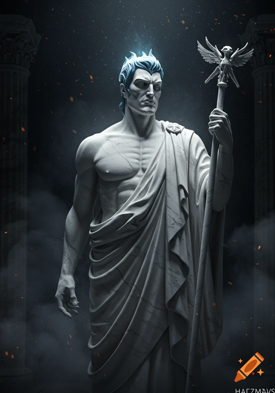 White marble statue of Hades holding a staff in a dark, atmospheric setting with pillars.