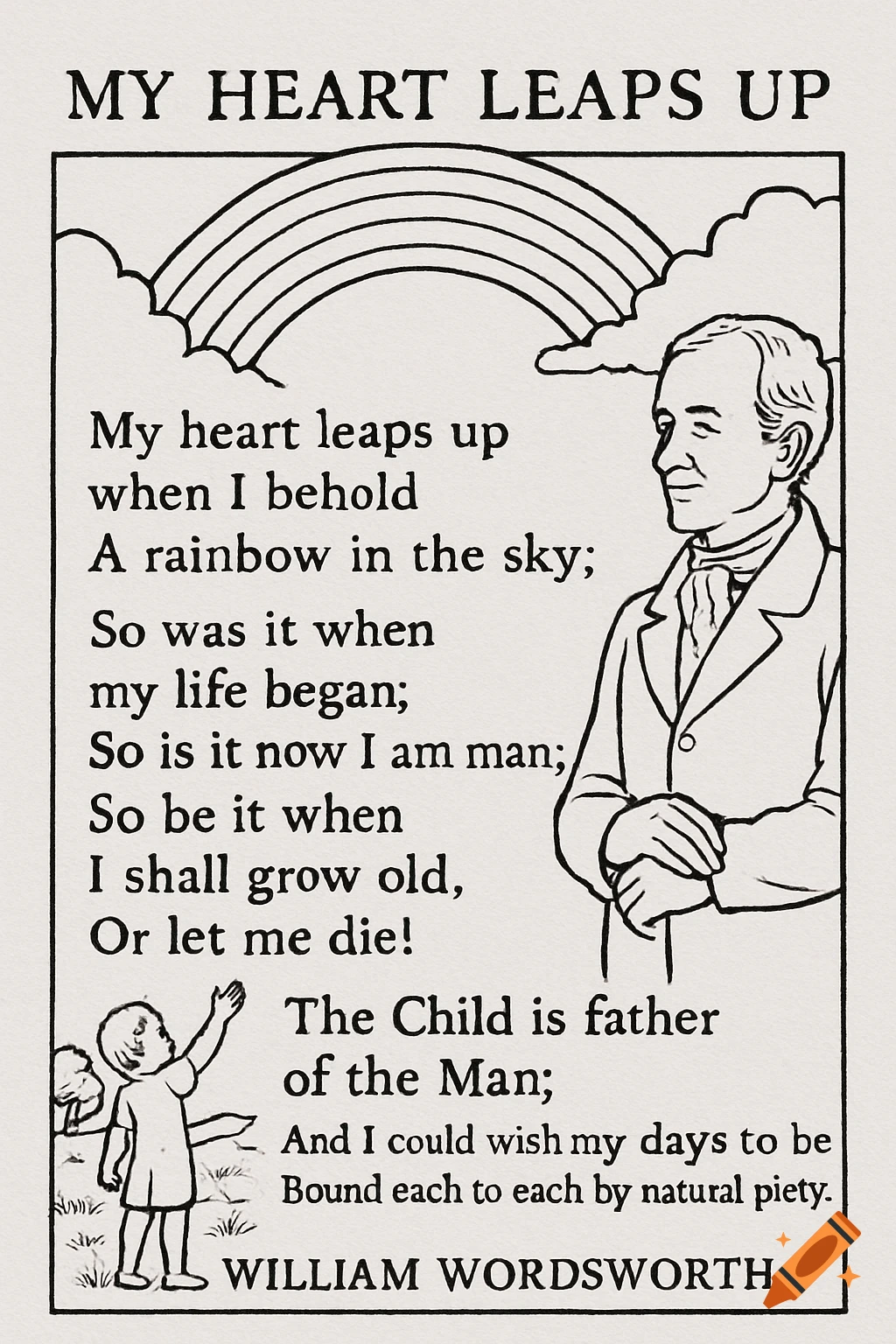 Black and white line art illustration of William Wordsworth's poem "My Heart Leaps Up," featuring the text of the poem, a rainbow, clouds, William Wordsworth, and a child.