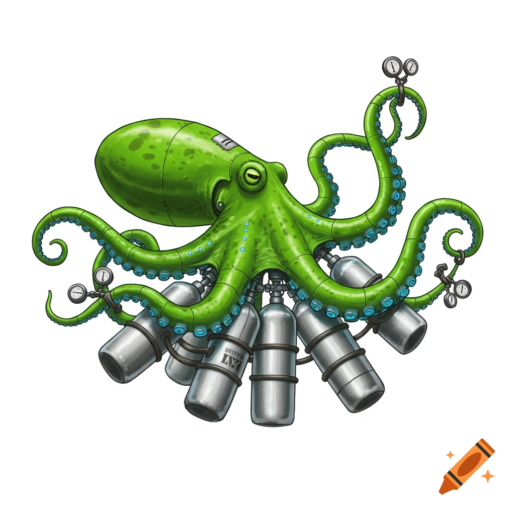 A bright green octopus robot carrying multiple oxygen tanks against a white background.