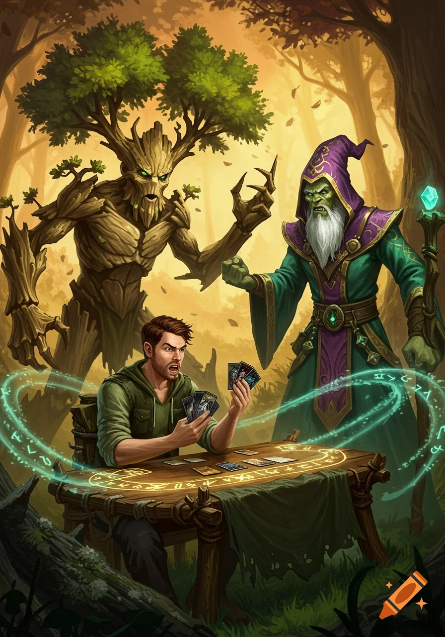 Illustration of a man playing a card game against a tree creature and a wizard in a forest
