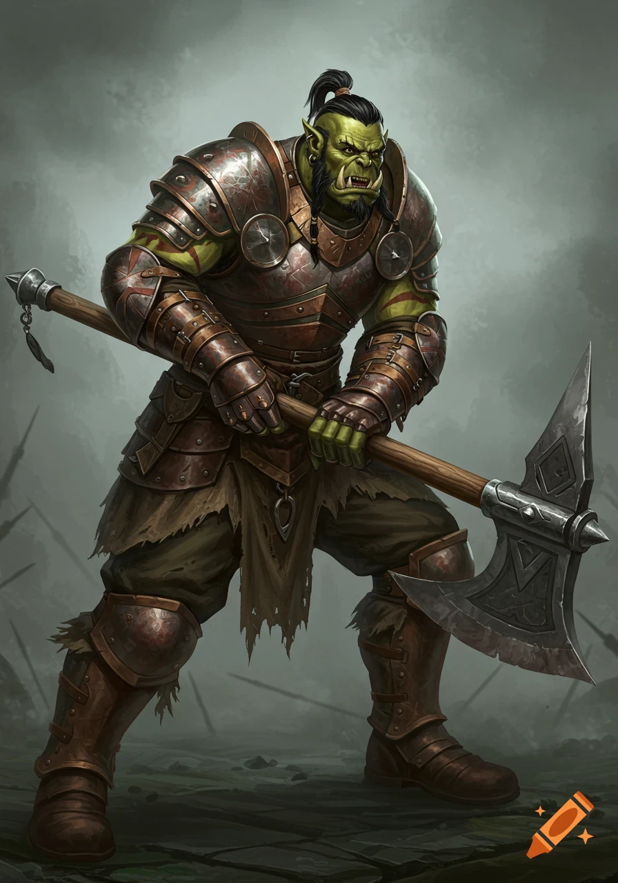 A muscular orc barbarian in detailed armor holds a large battleaxe.