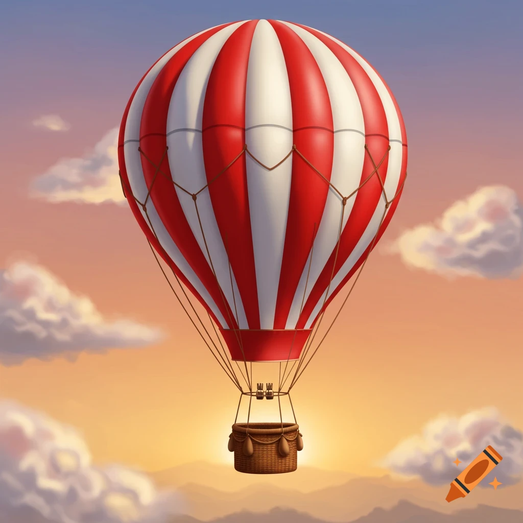 A red and white striped hot air balloon floats in a sunset sky.