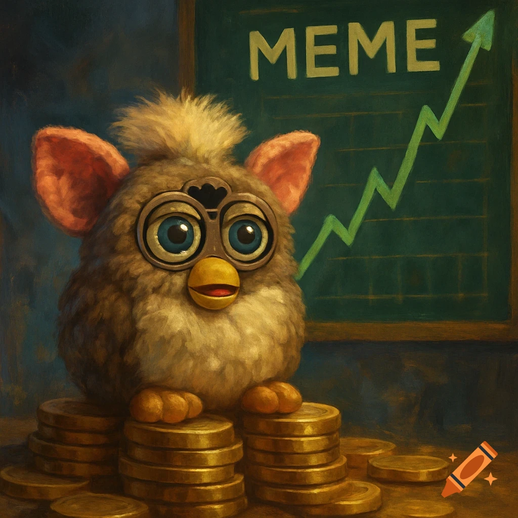 A painting of a Furby toy sitting on gold coins in front of a chalkboard graph labeled MEME.