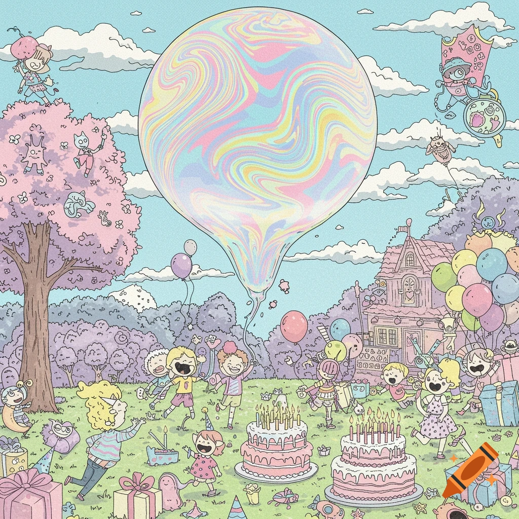 Unrealistic cartoon drawing of a birthday party with kids, monsters, cakes, gifts, and a large swirling balloon.