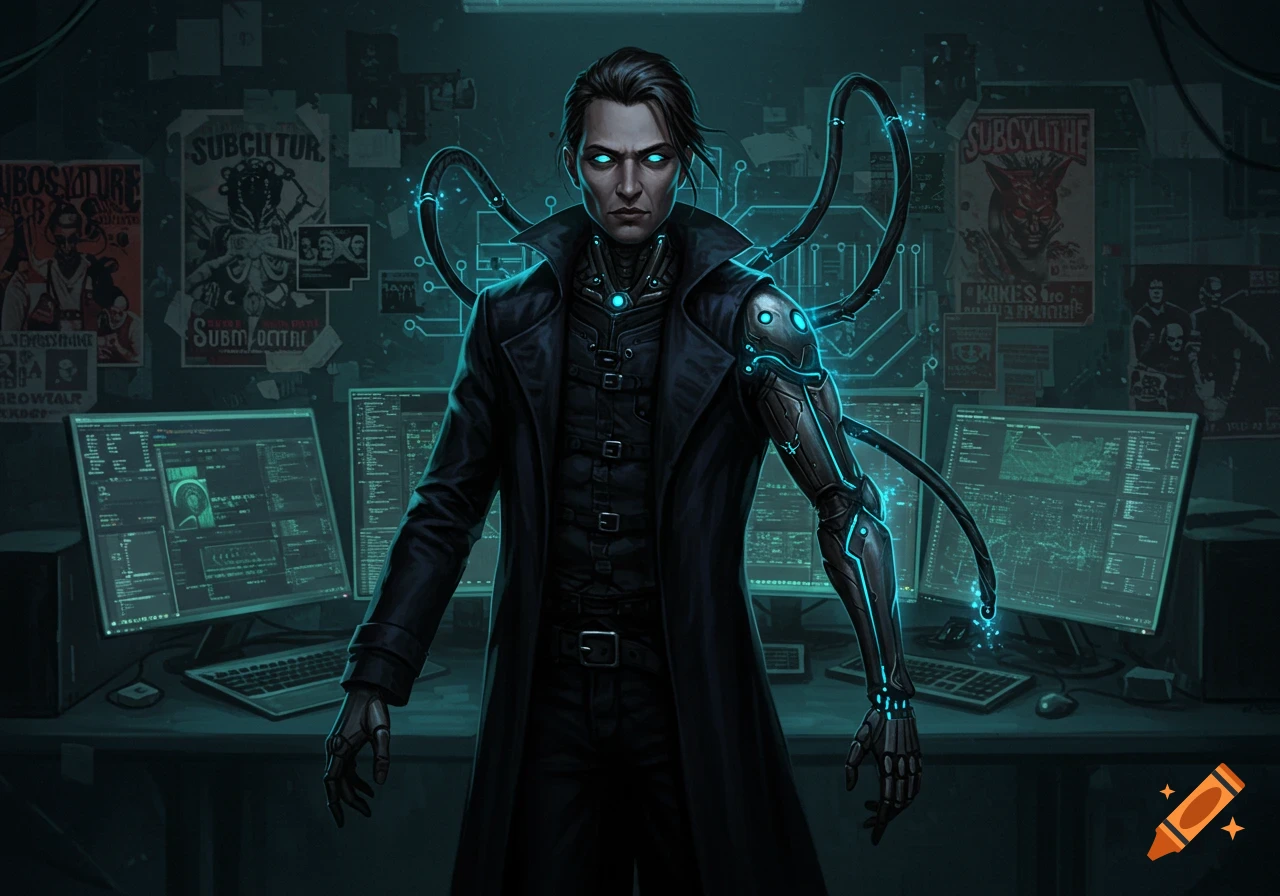 Gothic-styled hacker with glowing cybernetic arm stands before computer screens in a dark room.