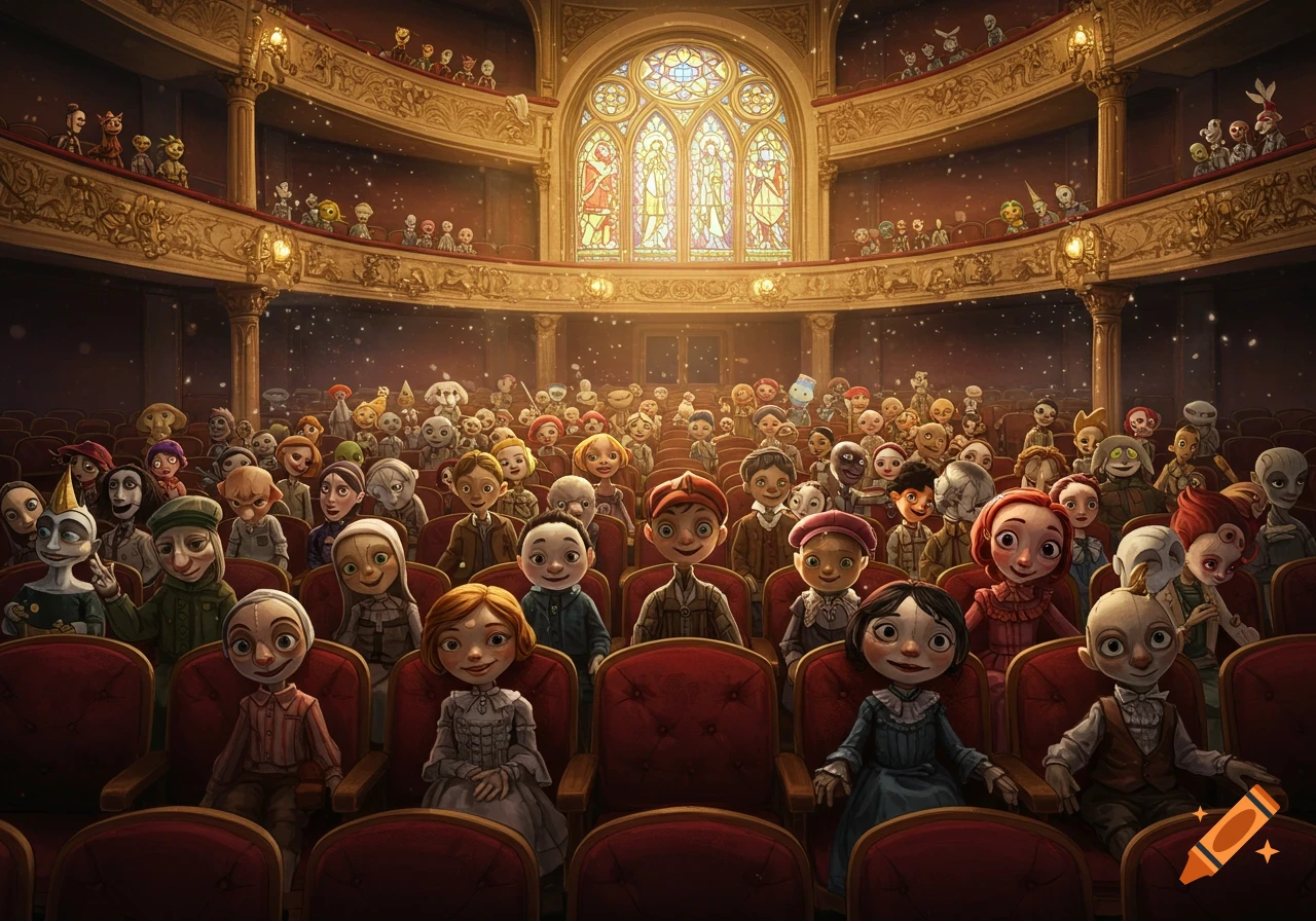 Stylized puppets fill the seats of a grand theatre auditorium.