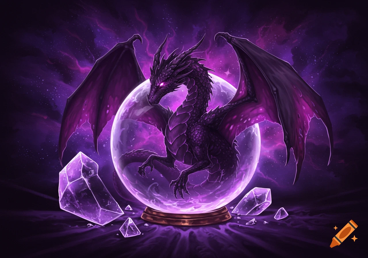 A dark purple fantasy dragon coiled inside a glowing crystal ball, surrounded by purple crystals against a starry background.