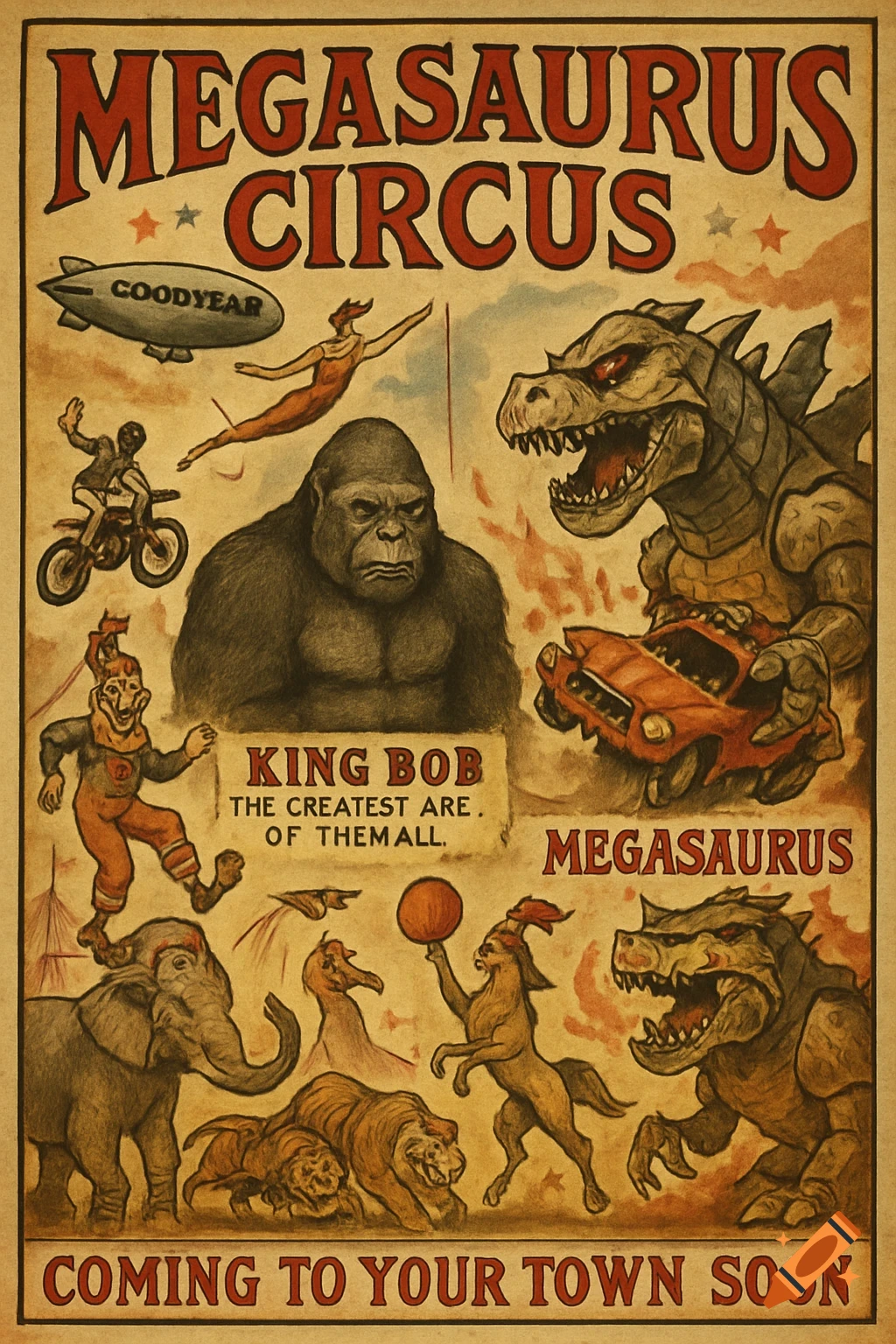 Vintage circus poster featuring monsters, animals, and performers including a gorilla and a car-destroying dinosaur.
